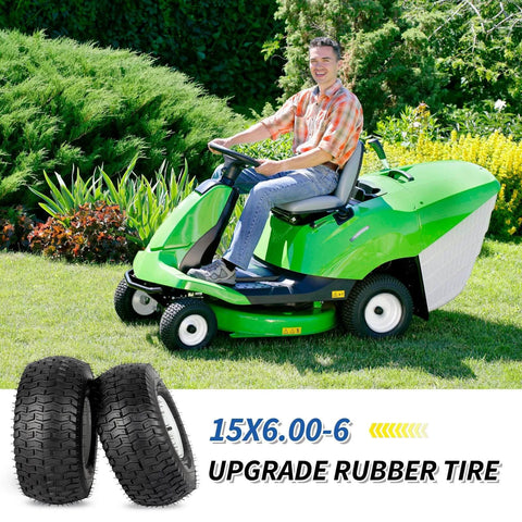Riding mower with Two Pack 15x6.00-6 Rubber Lawn Mower Tire And Wheel Set With Three Quarter Inch Bearing Bore And Three Inch Centered Hub