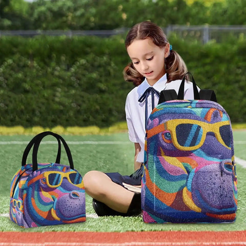 Child sitting with colorful hippo-themed backpack and lunch bag on grass.