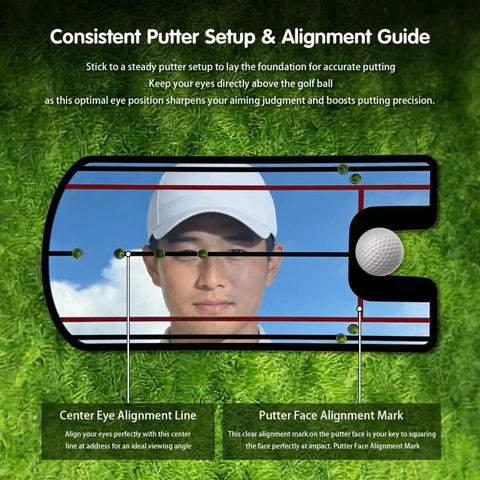 Putting Mirror Alignment Training Aid For Golf reflecting golfer's face with alignment lines on green grass background