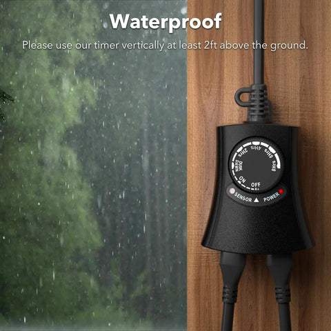 Outdoor Light Timer With Photocell Sensor Waterproof mounted on wood wall in rain, showing controls and two grounded outlets