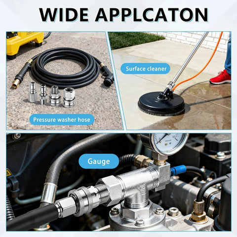 Three Eighths Inch Stainless Steel Quick Connect Kit For Pressure Washers, Four Piece NPT Adapter Set With accessories in use
