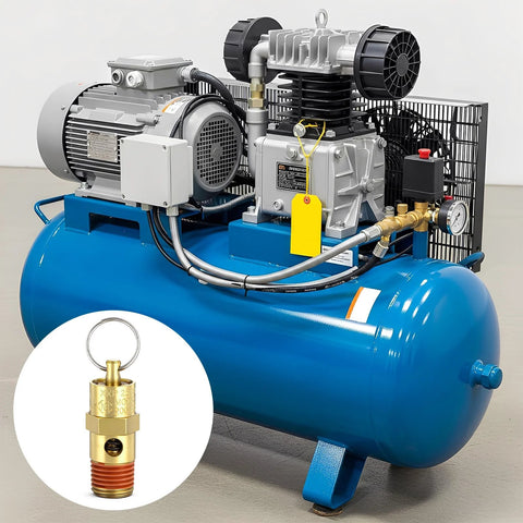 Air compressor with blue cylindrical tank and motor assembly; inset shows brass 1/4 in NPT check valve