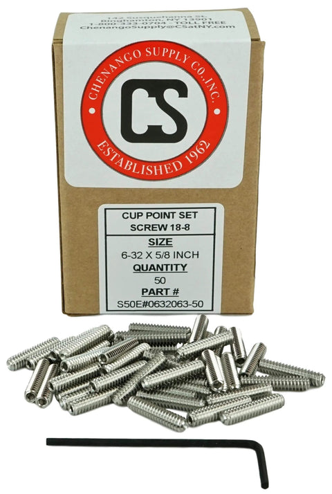 6-32 X 5/8 Inch Stainless Steel Socket Set Screws Cup Point With Hex Key Wrench, 50 Count, 18-8 Stainless, Corrosion Resistant