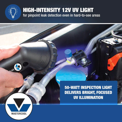All In One UV Leak Detection Kit For Cars And AC Systems With 12V 50W High Intensity UV Light in use on engine