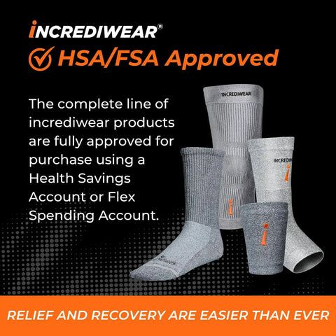 Stack of incrediwear socks with text highlighting HSA/FSA approval, emphasizing relief and recovery benefits