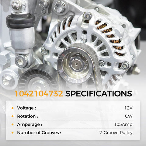 Alternator 105 Amp 12 Volt With CW 7 Groove Pulley Direct Fit Replacement shown in close-up with specifications details.