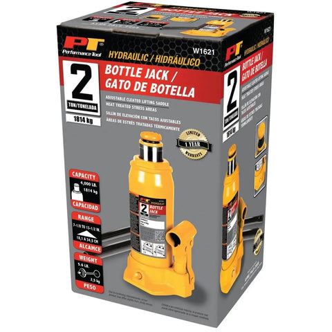 Heavy Duty 2-Ton Hydraulic Bottle Jack With 4,000 Lb Lift Capacity, Adjustable Top Screw, Includes Handle, packaging