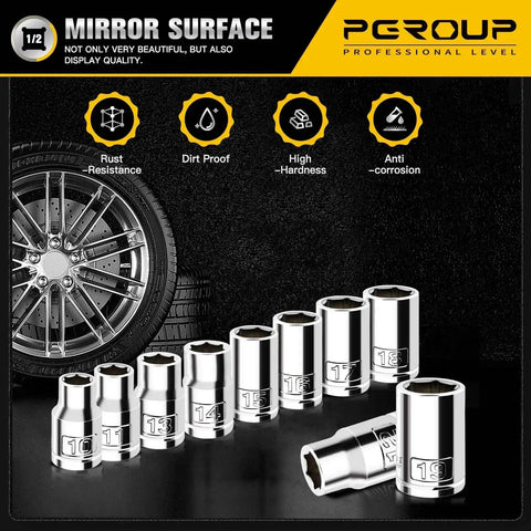 10 Piece 1/2 Inch Drive Shallow Socket Set Metric 10mm Through 19mm, 6 Point Cr-V Steel, Chrome Plated, displayed with features