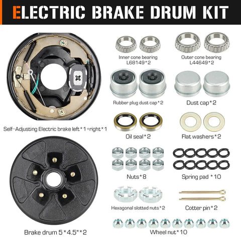 Electric brake drum kit AEagle 5 on 4.5 inch bolt circle for 3500 lb trailer axles, front view with drums and hardware
