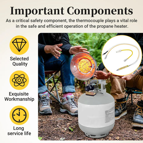 Propane tank-top heater with thermocouple safety assembly and tip-over switch in outdoor camping scene.