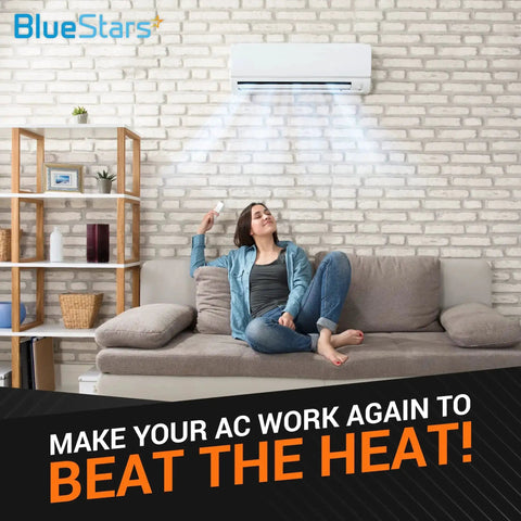 Woman relaxing on couch with working air conditioner above, text overlay "Make Your AC Work Again To Beat The Heat!" BlueStars branding