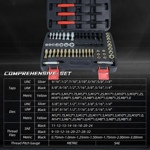 All In One Pro Grade 61 Piece Thread Restorer Kit With Dual Standard Taps And Dies For UNC UNF And M6 M14 Threads