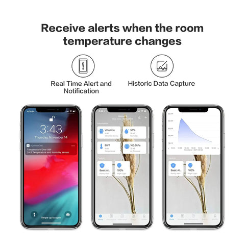 Smartphone screens showing real-time alerts and data graphs for Zigbee Temperature And Humidity Sensor For Home Automation With Wireless Thermometer Hygrometer Remote Monitoring And Apple HomeKit Alexa IFTTT Compatibility Requires Aqara Hub.