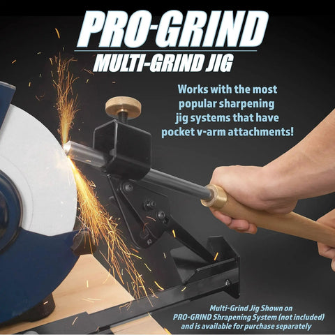 Versatile Multi Grind Lathe Tool Sharpening Jig With Setup Blocks For Bowl Gouges And Chisels in use on a grinder