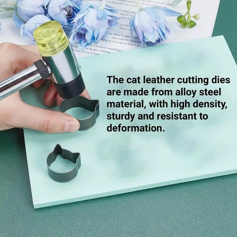 Using Cat Head Leather Cutting Die Set In Alloy Steel Pro Grade Hollow Punch Tools on leather with yellow-handled tool