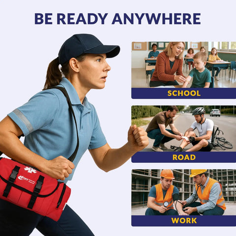 Woman carrying Complete 415 Piece Emergency Response First Aid Kit Trauma Bag For Disaster Preparedness Reflective Red MFASCO