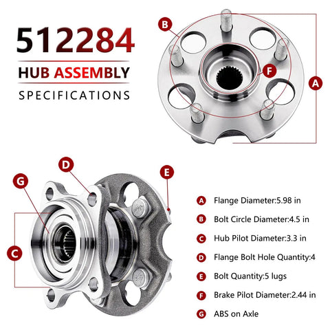 Pair AWD Rear Wheel Hub Bearing Assembly Fits Toyota Highlander 2004-2013, Venza 2009-2016, Lexus RX330 2004-2006, RX350 2007-2009, RX400H 2006-2008 Replacement, diagram showing specifications.