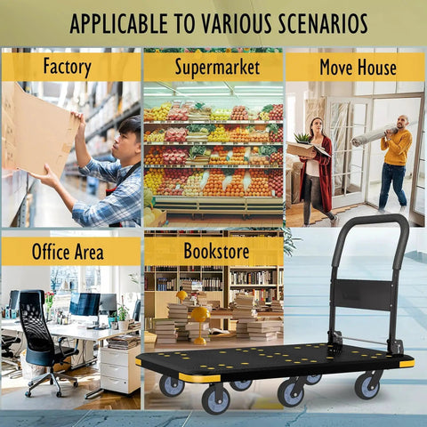 Heavy Duty Foldable Platform Cart With Six Wheels And 2000 Pound Capacity 360 Degree Swivel And Fixed Casters Collapsible Push Cart Dolly Black Plastic Trolley With Five Inch Wheels Spare Tire And Anti Collision Corners in various settings like factory and supermarket