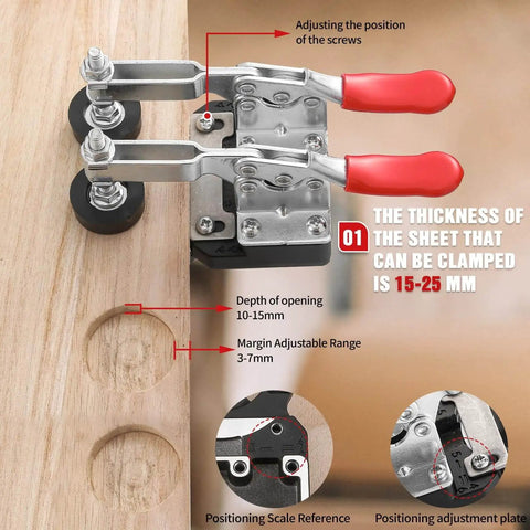 35mm Concealed Hinge Jig For Cabinets Aluminum Alloy Construction with 2 Quick Clamps shown mounted on wood panel