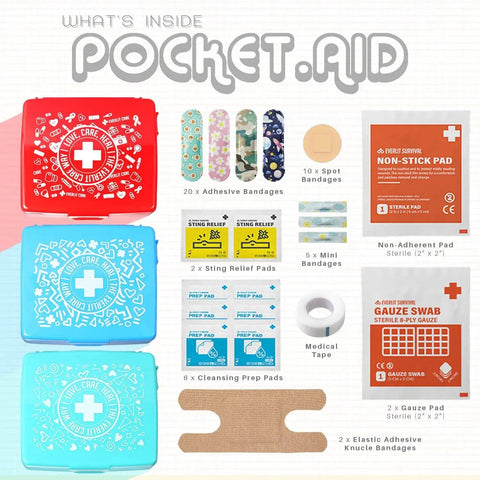 Contents of Pocket Aid Mini First Aid Kit with 50 must-have items, including bandages, gauze, and prep pads, displayed against a white background.