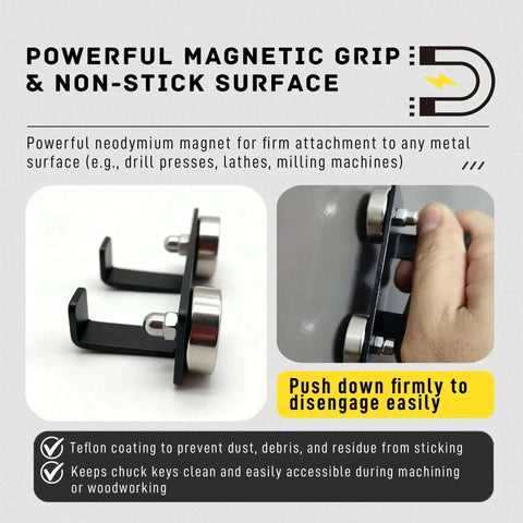 Close-up of Magnetic Chuck Key Holder 2 Pack with powerful magnetic grip, ultra hard steel and Teflon coating for drill press use.
