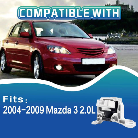 Compatible car engine motor mount for 2004-2009 Mazda 3 2.0L shown with red Mazda vehicle background