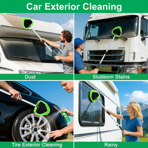 Car exterior cleaning using Long Reach Windshield Cleaner Tool With 180 Degree Pivot And Microfiber Pads on various surfaces