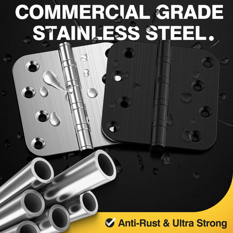 KOLET ball bearing 4x4 inch door hinges in stainless steel and matte black finishes, 3-pack with non-removable pin