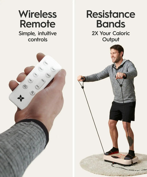 Wave Board With Red Light Therapy And Vibration Plate For Lymphatic Drainage, man exercising with resistance bands and remote