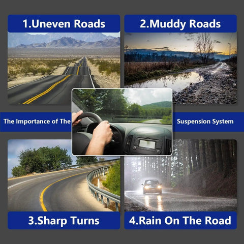 Collage showing the importance of suspension on uneven roads, muddy roads, sharp turns, and rain on the road for Honda CR-V 2007-2011.