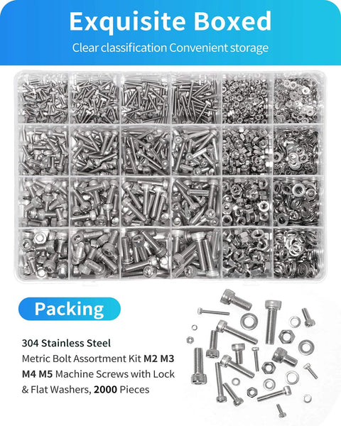 Go To Metric Screw And Bolt Kit With 2000 Pieces In M2 M3 M4 M5 Sizes Including Lock Washers Flat Washers And Nuts 304 Stainless Steel Hex Socket Head Cap Screws For Electronics And DIY Projects Bolts And Nuts Set Silver, shown organized in a transparent compartmentalized box with assorted screws and nuts.