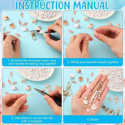 Instruction manual for Seashell Keychain Making Kit with 776 pieces including alphabet beads, white pearls, and pink shells.
