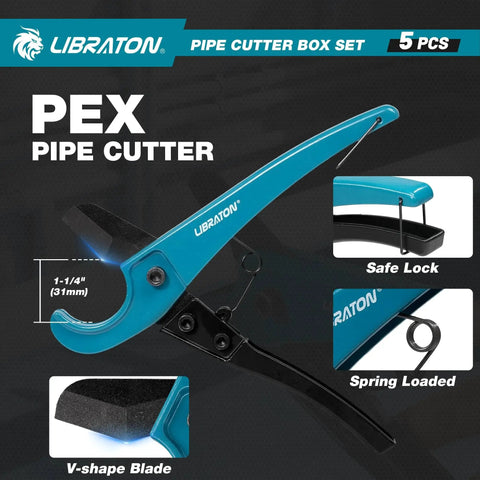Close-up of Heavy Duty Pipe Cutter Set Pro Grade 5 Piece Tubing Tool Kit featuring a V-shape blade and safe lock.