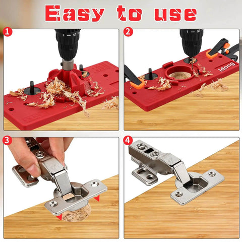35mm Hinge Hole Jig Drill Guide Set used to drill and install hinges in cabinet doors, showcasing red jig and metal hinges.