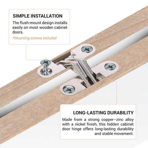 Hidden Cabinet Door Hinge Set 180 Degree Full Open One And Three Quarters Inch Height Nickel Finish Concealed Corner Lazy Susan Hinge installed in wood