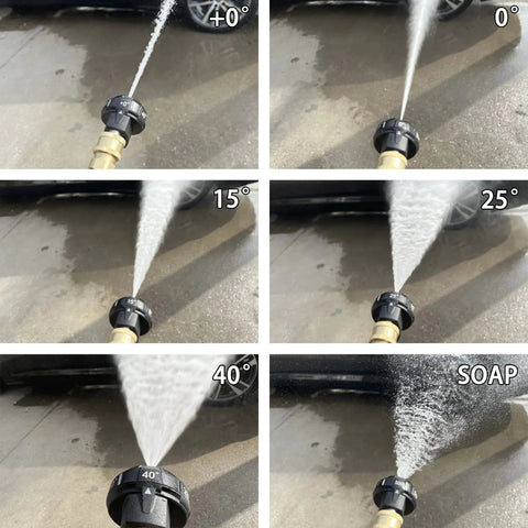 Six In One Pressure Washer Nozzle Tips With One Quarter Inch Quick Connect And Adjustable Angles 0 Degree 15 Degree 25 Degree 40 Degree Plus Soap Up To 4000 PSI Easy Changeover By JOEJET For Home Use showing various spray angles and soap function on a wet surface.