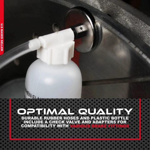 ABN One Man Brake Bleeder Kit: small white plastic bottle with tubing attached to brake caliper