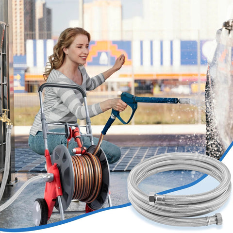 Stainless steel braided garden hose, 5 ft x 5/8 in ID, EPDM core, dual female fittings with blue spray nozzle.