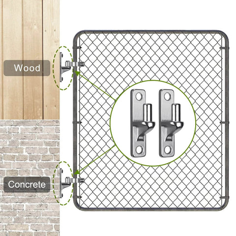 304 Stainless Steel Heavy Duty Gate Hinges 4 Pack, shown on chain link gate, wood, and concrete surfaces