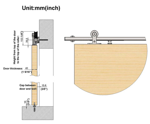 Side view schematic of 10 Foot Brushed Stainless Steel Double Sliding Barn Door Hardware Kit With Soft Close Top Mount Rollers