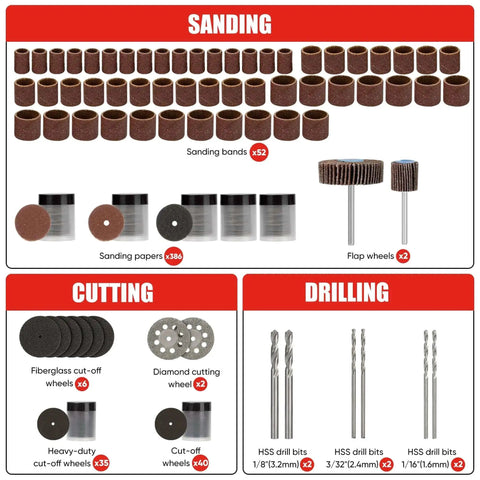 All In One 618 Piece Rotary Tool Accessory Kit For Dremel And Universal Fitment With Portable Case, Includes Sanding Papers And Bands, Flap Wheels, Diamond And Carbide Cutting Wheels, Drills, Engraving Bits, Polishing And Grinding Tools For DIY, showing sanding and cutting attachments.