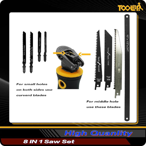All in One 8 in 1 Multi Blades Hand Saw for Drywall and More with Quick Change Blades Hacksaw Jab Saw and Cutting Wood Metal Plastic Plywood Ergonomic Non Slip TPR Handle with Lockback Mechanism Toolan shown with multiple blades and ergonomic handle.