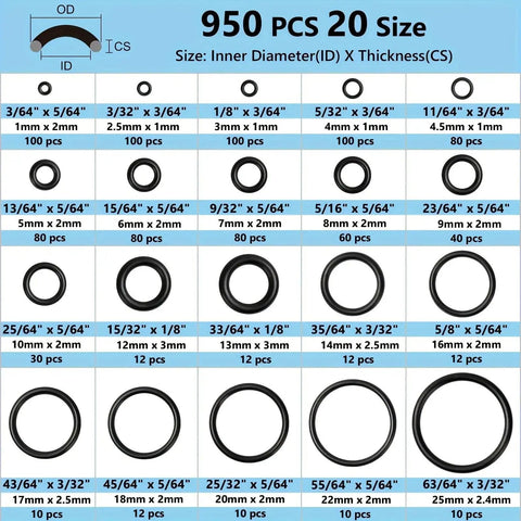 All In One O Ring Seal Kit With 950 Pieces In 20 Varieties Made From Durable Nitrile Rubber size chart, various diameters shown