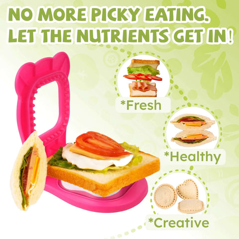 Crustless PB And J Sandwich Maker Sealer Cutter With Double Sided Seal Sharp Stainless Steel Cutter And Bonus Filling Cutter For No Leak Edges Rose Red Square Design Uncrustables Style DIY Sandwich Maker For Fast Easy Filling, shown with ingredients in use.