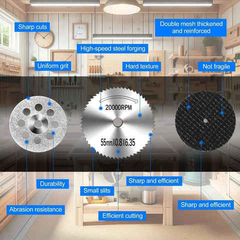 All In One 44 Piece Cutting Wheel Kit For Dremel Rotary Tools From Auxiren showing various discs with features displayed.