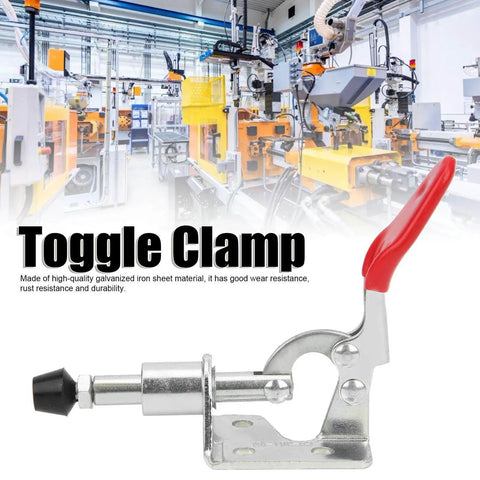 4-Piece Push-Pull Toggle Clamp Set With Quick Release Fixed Handle Locking Tools for woodworking and welding applications, red handle, galvanized iron.