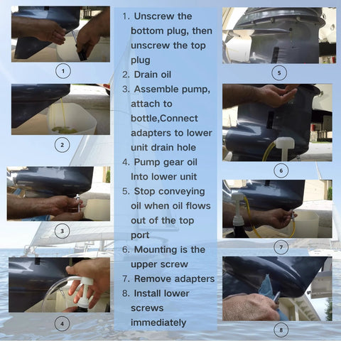 Universal Marine Gear Lube Pump For Outboard Lower Unit Maintenance used in step-by-step oil change process with adapters and instructions