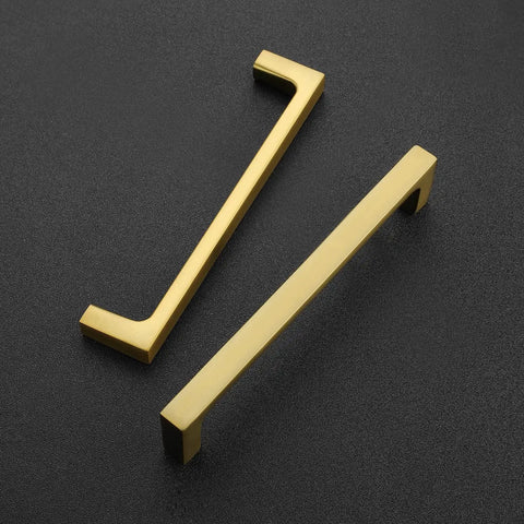 Solid Five Inch Square Cabinet Handles 10 Pack Brushed Brass Drawer Pulls for Kitchen Cabinets Hardware on black background.