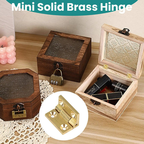 Mini Solid Brass Hinges With Screws Set For Wooden Boxes And Jewelry Cases, Tough Small Box Hinges For Crafts And DIY Projects, Decorative 0.75 By 0.49 Inches, 4 Pieces shown installed on wooden box.