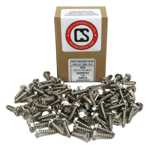 Stainless Steel Hex Washer Head Slotted Sheet Metal Screws Size Ten Three Quarter Inch Phillips Drive Heavy Duty Outdoor Grade 18 8 Stainless 100 Pack For Metal Plastic Fiberglass Wood Weatherproof Fasteners.